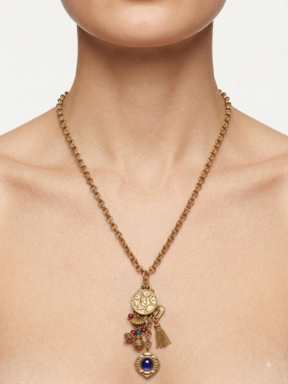 Gold-Tone Charm Pendant Necklace with Blue and Red Accents